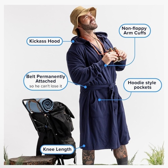 Dude Robe Mens Navy Blue Terry Cloth Towel Lined Hooded Bath Robe Sz L/XL NWT - Picture 2 of 5